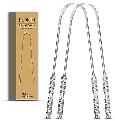 Tongue Scraper for Adults by HOKIN (2Pcs Oral Care Pack) Stainless Steel Tongue Cleaners Reduce Bad Breath 100% Metal Tough Scrapers Men and Women Hygiene Product