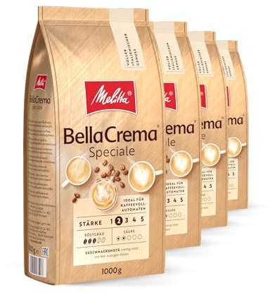 Melitta BellaCrema Speciale Ganze Kaffee-Bohnen 4 x 1kg, ungemahlen, Kaffeebohnen für Kaffee-Vollautomat, mittlere Röstung, geröstet in Deutschland, Stärke 3, im Tray