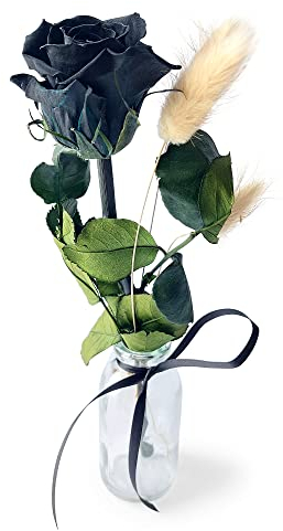 Konservierte Rose mit Vase - Echte ewige Rose mind. 3 Jahre haltbar – kurze Rose mit Stiel Höhe 26 cm - stilvolle Dekoration mit Infinity Rose - Geschenk für jeden Anlass - Made in Germany (Schwarz)