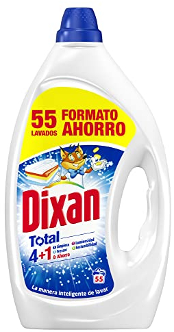 Dixan Gel Total 4+1, Detergente Líquido para Lavadora 55 Lavados, jabón líquido para lavar la ropa blanca y clara, limpieza, luminosidad, frescor y sostenibilidad