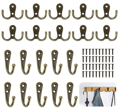 Yuechenggui Lot de 20 crochets muraux doubles vintage en bronze avec vis pour porte, armoires, cuisine, bureau