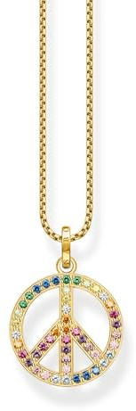 THOMAS SABO Kette mit Anhänger Peace-Zeichen mit bunten Steinen vergoldet 750 Gelbgold Vergoldung, 925 Sterlingsilber