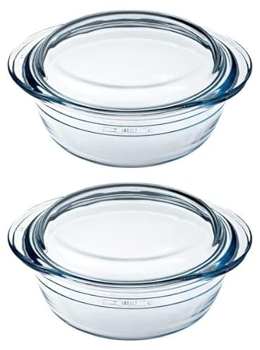 Ôcuisine® Casserole Glass Round Dishes with Handles | Extreme Resistance | Oven Safe - Freezer Safe - Microwave Safe | Borosilicate Glass | Made in France (Set of Two 2.1LT)