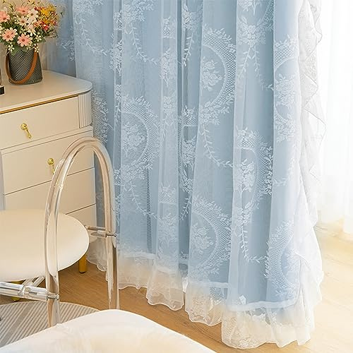 Tende per Il Soggiorno, Tenda in Pizzo Francese Retrò a Doppio Strato Tendaggi Decorativi per La Casa Tende Oscuranti per La Camera Da Letto Ufficio(W*H:250x270cm(98x106inch), Blue(Grommet Top))