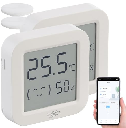 infactory Thermometer Hygrometer: 2er-Set Mini-Thermo-/Hygrometer, Komfort-Anzeige, LCD, Bluetooth, App (Thermometer innen Digital, Hygrometer mit Apps, Baby)