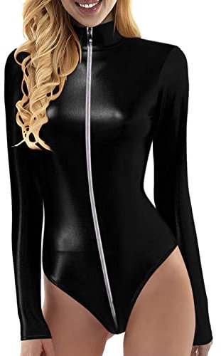 Generisch Metallic Oberteil Damen, Laser Metallic Lack Leder Ballett Tanz Trikot Leotard Glänzende Ballettanzug Langarm Bodysuit Gymnastikanzug Karneval Kostüm Party Sport Gymnastik Turnanzug 03