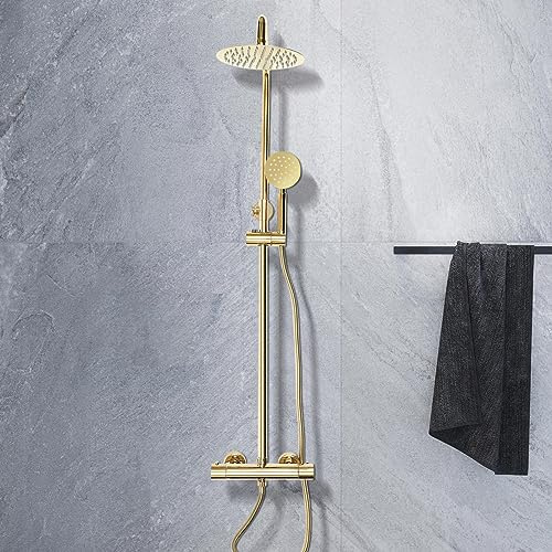 Edelstahl Duschsystem Duschset Regendusche mit Thermostat Regenbrausegarnitur Brausegarnitur Brausesäule Regenduschset Kopfbrause Gold