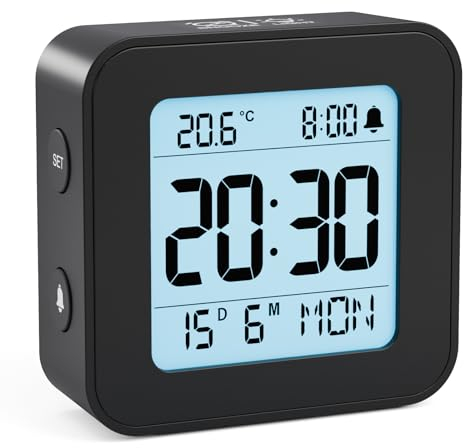 LATEC Wecker Digital, Digitaler Wecker Batterie Alarm Clock, Klein Reisewecker Digital Uhr mit Temperaturanzeige, Snooze, 3 Lautstärken und Hintergrundbeleuchtung (Inklusive Batterie) Schwarz