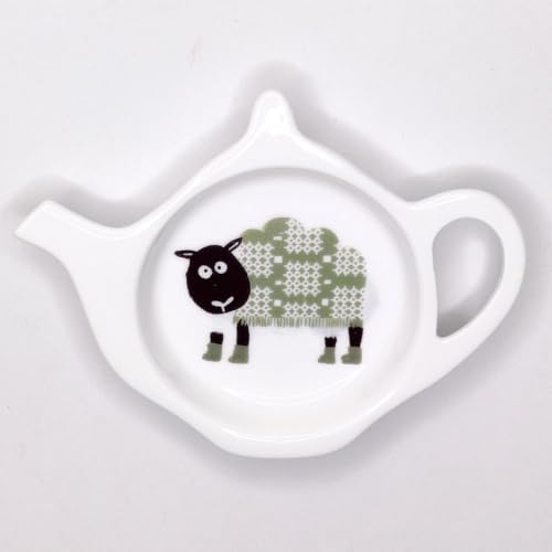 Redwood Collection Olive Green Sheep Tapestry Design Fine Bone China Teabag Tidy
