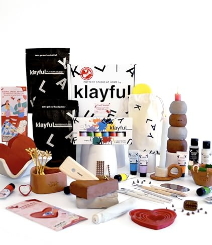 Klayful Töpferset Erwachsene | Keramik Bemalen Set | Lufttrocknender Ton | DIY Bastelset für Anfänger | Werkzeuge, Acrylfarben, Pinsel, Anleitung (Sonderedition Romantische Nacht)