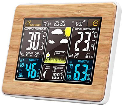 Wetterstation Funk mit Außensensor, DCF Funkuhr, Digital Farbdisplay Funkwetterstation mit Wettervorhersage, Wetterstationen mit Temperatur und Luftfeuchtigkeitsalarm Innen Außen für Haus, Büro