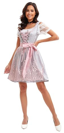 Velcoxplay - Dirndl da donna midi, abito tradizionale da donna, con pizzo, moda tradizionale bavarese, inclusa camicetta da dirndl, grembiule da dirndl, 3 pezzi, per Oktoberfest, Carnevale, Colore