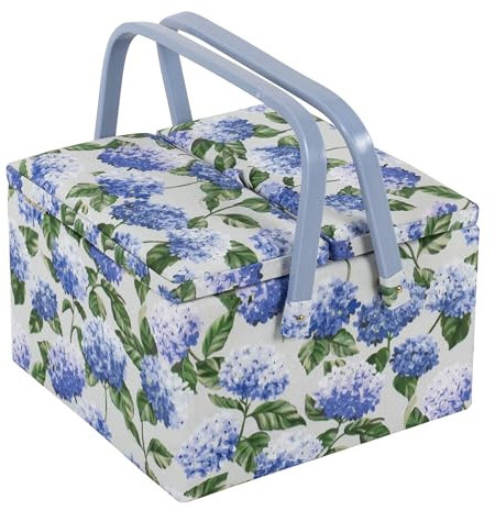 Hobby Gift Exclusive Large Twin Lid Sewing Craft Hobby Storage Box, Accessories Tray Pin Cushion Pockets PVC Handles, 25 x 25 x 17cm, Hydrangea