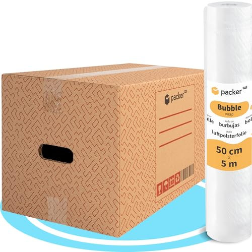 packer PRO Lot de 20 cartons de déménagement et de rangement ultra résistants avec poignées, 50 x 30 x 30 cm et rouleau à bulles, 50 cm de large et 5 m
