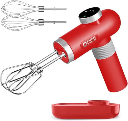 Kitchen in the box Batteur à main sans fil, 6 vitesses, mixeur électrique portable avec batteurs, fouets, affichage numérique, base de charge et câble de charge USB-C (rouge classique)
