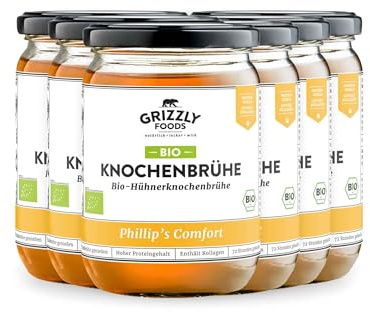 Grizzly Foods Brodo di ossa di pollo biologico (6 x 500 ml) - 20 g di collagene per bicchiere - Cotto per 72 ore - 100 % naturale - Senza zucchero, senza additivi - Nutrienti preziosi - Bone Broth