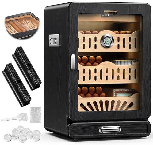 KEJIAR Cigar Humidor, Glass top Tabletop Cigar Humidor Cabinet Draw Pattern Spanish Cedar Tray, Accessories Drawer, 2 Standing Gel Humidifiers，1 Digital Hygrometer, for Men（Black）