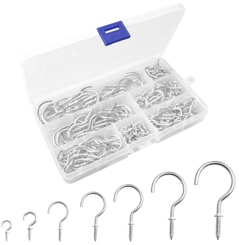 Jinsion 162 Piezas Ganchos de Tornillo, 7 Tamaños Ganchos de Rosca de Metal, Ganchos Atornillables Gancho de la Taza de Metal con Caja, para Plantas Colgantes y Decoraciones Artísticas, Plata