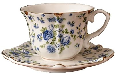 FUENYEJIA Taza de café de cerámica de porcelana inglesa de 200 ml, juego de taza de té y platillo con patrón de estilo europeo, taza de té de la tarde con adornos dorados de lujo retro (rosa azul)