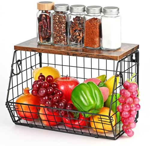 LustLocke Obstkorb Hängend, Obstschale für Küchen, Wand Stapelbar Obst Etagere mit Holzdeckel und 4 Haken, Metall Obst Gemüse Aufbewahrung für Zwiebel, Kartoffel, Knoblauch usw, Schwarz