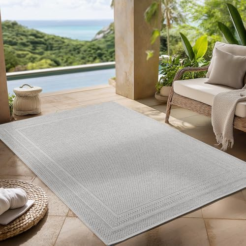 Carpettex Outdoor Teppich wetterfest Grau 160x230 cm, UV-beständig, ideal für Küche, Balkon, Terrasse, Garten auch Wohnzimmer und Esszimmer, Einfarbiges Design mit Bordüre