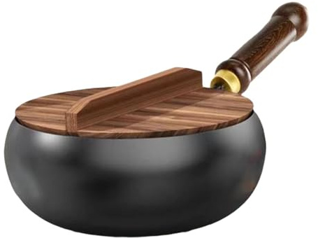 SiaBiced Wok Pan Flat Bottom Cocina Pan para Camping Home Kitchen, Tapa de Madera, 28cm