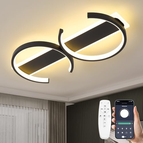 Modern LED Deckenleuchte,Dimmbar Deckenlampe mit Fernbedienung,32W Wohnzimmerlampe Deckenbeleuchtung,Deckenleuchten aus Aluminium für Wohnzimmer Schlafzimmer Büro Esszimmer Küche Kinderzimmer,Schwarz