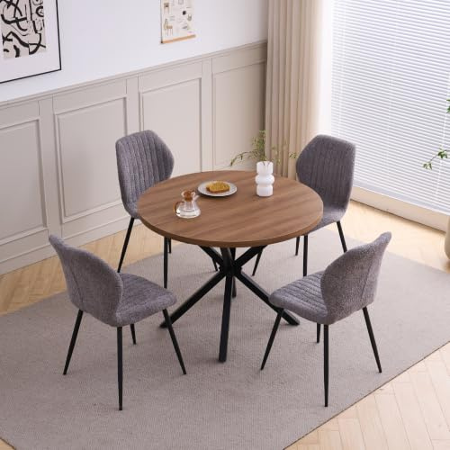 GrandCA HOME Esstisch und Stuhlset, 100 cm Runder Esstisch und 4 Moderne Leinenstühle, für Esszimmer, Küche, Wohnzimmer, Dunkel + Grau