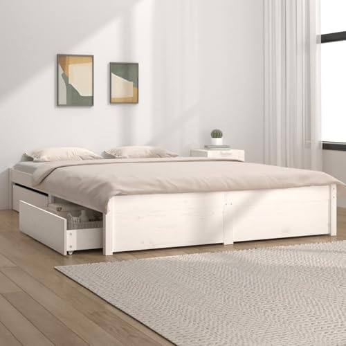 Iiaky Bett 140x200 mit Stauraum Holz Bett mit Schubladen Stauraumbett mit Lattenrost Doppelbett Bettkasten Jugendbett Holzbett Bettrahmen Schlafzimmer-Weiß-140 x 200 cm