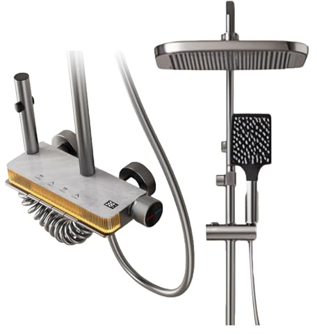 Duschsystem mit Thermostat, Quadratische Kopfbrause, 4 Strahlarten Duschkopf, Höhenverstellbar, Duscharmatur Komplettset mit LED-Digitalanzeige, Regendusche mit Armatur