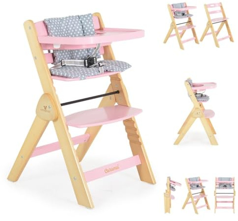 Cangarro Kinderhochstuhl Caramel Holz, Kissen, klappbar, Fußstütze, 3-Punkt-Gurt rosa