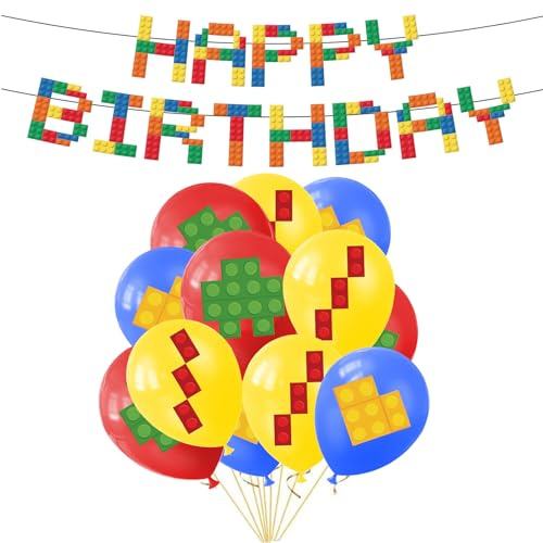 ALEGRE® Baustein Ballons Geburtstag, 19 Stück Baustein Geburtstagsdeko mit Happy Birthday Girlande und Luftballons Geburtstag, Geburtstagsballon Kinder für Mädchen Jungen Bausteine Thema Party Deko