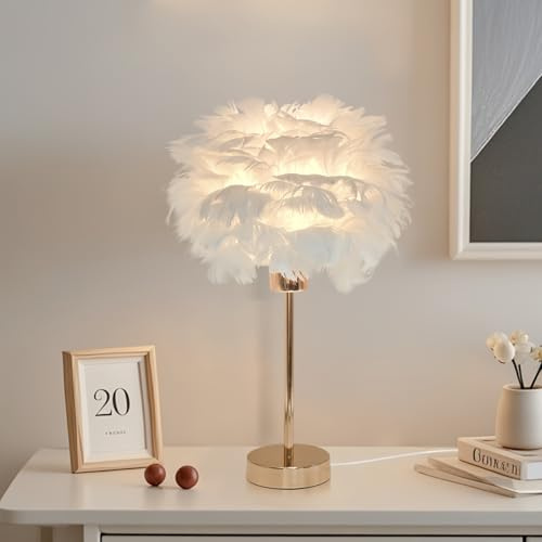 KUOP Federlampe Nachttischlampe mit Kabel Schlafzimmerlampe Nachttisch | Warmweiß Tischlampe E27 mit Kabel,Künstliche Federn Flauschige,ästhetik Dekolampe für Schlafzimmer Wohnzimmer,35cm x 47cm