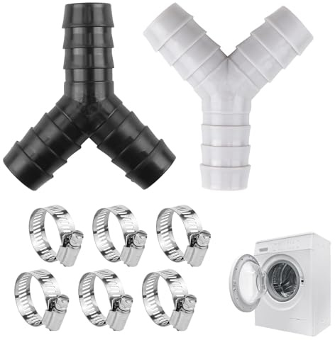 2 Way Y Washing Machine Waste Splitter - Double Waste Pipe Connector for Washing Machine and Dishwasher - Compatible with 20 mm Drain Hose – Includes 6 Pcs 16–25 mm Hose Clamps