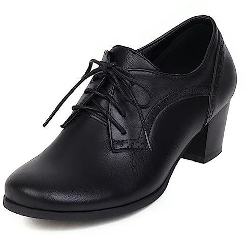 Women's Closed Toe Chunky Block Heel Oxfords Wingtip Lace Up Mid Heel Pumps Vintage Brogue Dress Shoes,Black,US9
