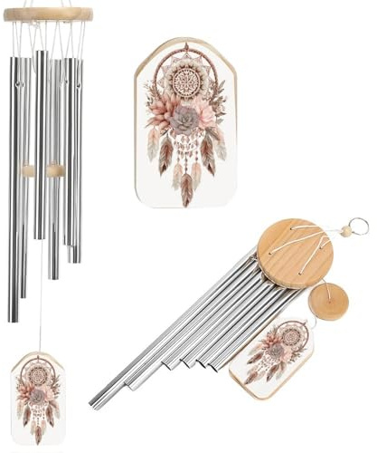 Traumfänger im Boho-Stil mit Federn, Windspiel, Gedenkspiel, tiefer Ton, Windspiel mit 6 Aluminiumrohren, Outdoor-Hinterhof, Gartendekoration