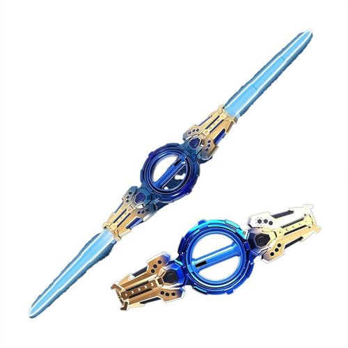 Fire Spin Sword Double-Edged Lightsaber Toy with 7-Color LED Lights & Sound, Light Up Sword, Retractable LED Flashing Saber, Halloween Costume, Birthday Gift (Blue Gold)
