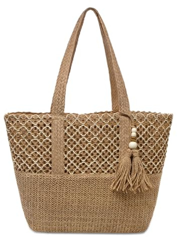 YAMEIZE Stroh Strandtasche für Damen Faltbare Große Gewebte Strohtasche Tasche Schultertasche mit Reißverschluss Sommerurlaub