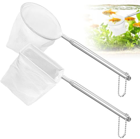 2 Stück Aquarium Fischnetz, Ausziehbarem Edelstahlgriff 13-39cm Länge, Mini Fischnetz für Kleine Fische, Garnelen & Wasserpflanzen, Feines Netz zur Aquarium Reinigung und Fischfang