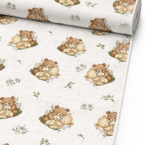 Kinderstoff Meterware Baumwolle - 1 Meter, Stoff, Baumwollstoff, Nähen, Bettwäsche, Kinder, Baby, Jungen, Mädchen, Bekleidung, Deko (Bärenfamilie Weiß)