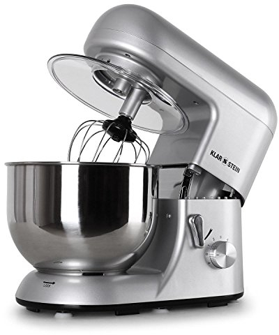 Klarstein Bella Argentea - Küchenmaschine, Rührmaschine, 5,2 Liter-Rührschüssel, Knetmaschine mit 1300 Watt, 6-stufige Geschwindigkeit, Edelstahlschüssel, silber