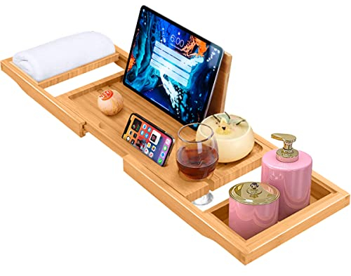 ADOV Mensola per Vasca da Bagno, Premium 75 cm - 109 cm Bathtub Caddy con bicchiere, Libri, Tablet, iPad e Porta Telefono, Antiscivolo Naturale Vassoio Bambù Perfetto per Maggior Parte Vasca Bagno