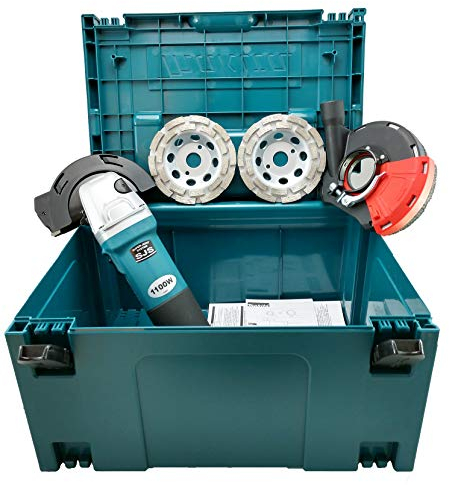 Makita Betonschleifer Set. Sanierungsfräse 1100W Power Set im MakPac Koffer. Mit Absaughaube 191W06-8 + 2x Premium Diamantschleiftopf