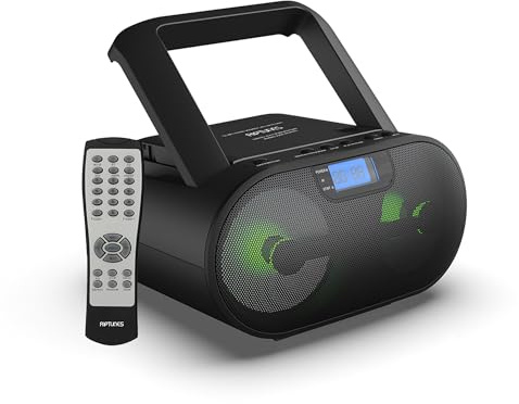 Riptunes Portable CD Player Boombox AM FM Radio, Bluetooth, USB, Aux-Input, MP3 CD Stereo Sound with Bass Boost, Party Lights, Headphone Jack, Backlit LCD Display, with Remote, Black