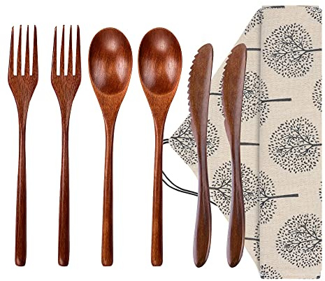 Wooden Spoon Fork Knife Eating Flatware Set Portable Utensil Set with Case, Reusable Wooden Cutlery Travel Utensils Set, 2 Spoons and 2 Forks and 2 Knives (Color 2)