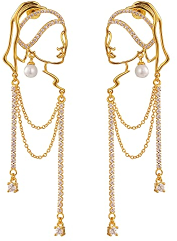 Einzigartiges abstraktes Gesicht Art baumelnde Ohrringe für Frauen Mädchen Umriss Strass Tassel Dény Hollow aus Ohrringe Schmuck Mode baumelt lange Aussage leichte Ohrringe... (golden)