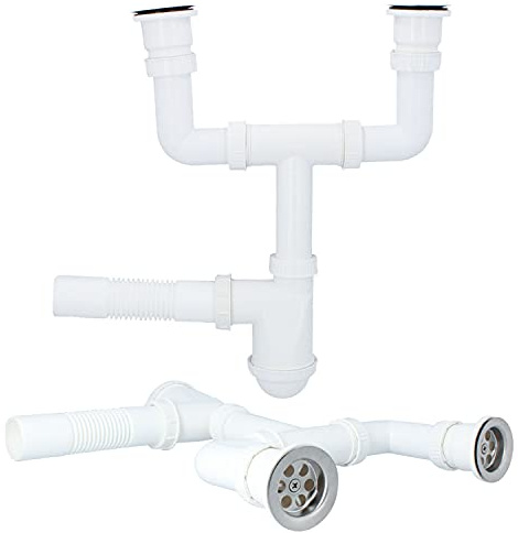 Doppel Siphon Ø 50mm Für Doppelwaschbecken mit Abflusssieb Metall Sieb & Stöpsel Für Spülbecken | Siphon Waschbecken Ablaufgarnitur Spüle Zubehör | Syphon Badezimmer Küchenspüle Abflussrohr Abfluss