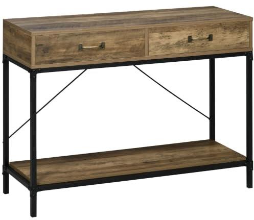 HOMCOM Konsolentisch Konsole 2 Schubladen 100x35x76,5 cm Braun+Schwarz | Flurtisch, Beistelltisch, Sofatisch, Ausstellungstisch, für Kleinen Raum, Eingang, Flur, Wohnzimmer