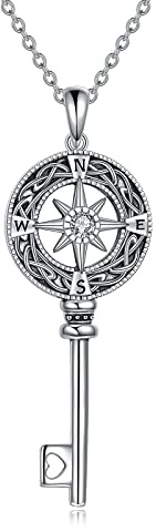 Kompass Halskette Sterling Silber Keltischer Knoten Schlüssel Halskette Graduierung Freundschaft Talisman Reise Halskette Inspirierende Graduierung Geschenk Schmuck Geschenke für Frauen Mädchen