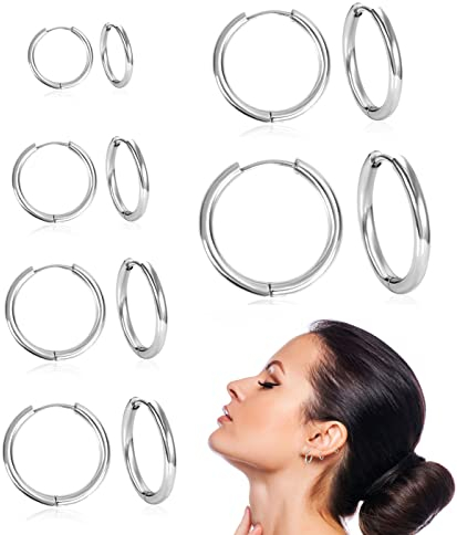 TSLRSA 6 Paia Orecchini in acciaio chirurgico Inossidabile Cerchio Rotondo Argento ,Uomo Donna 8mm 10mm 12mm 14mm 16mm 18mm